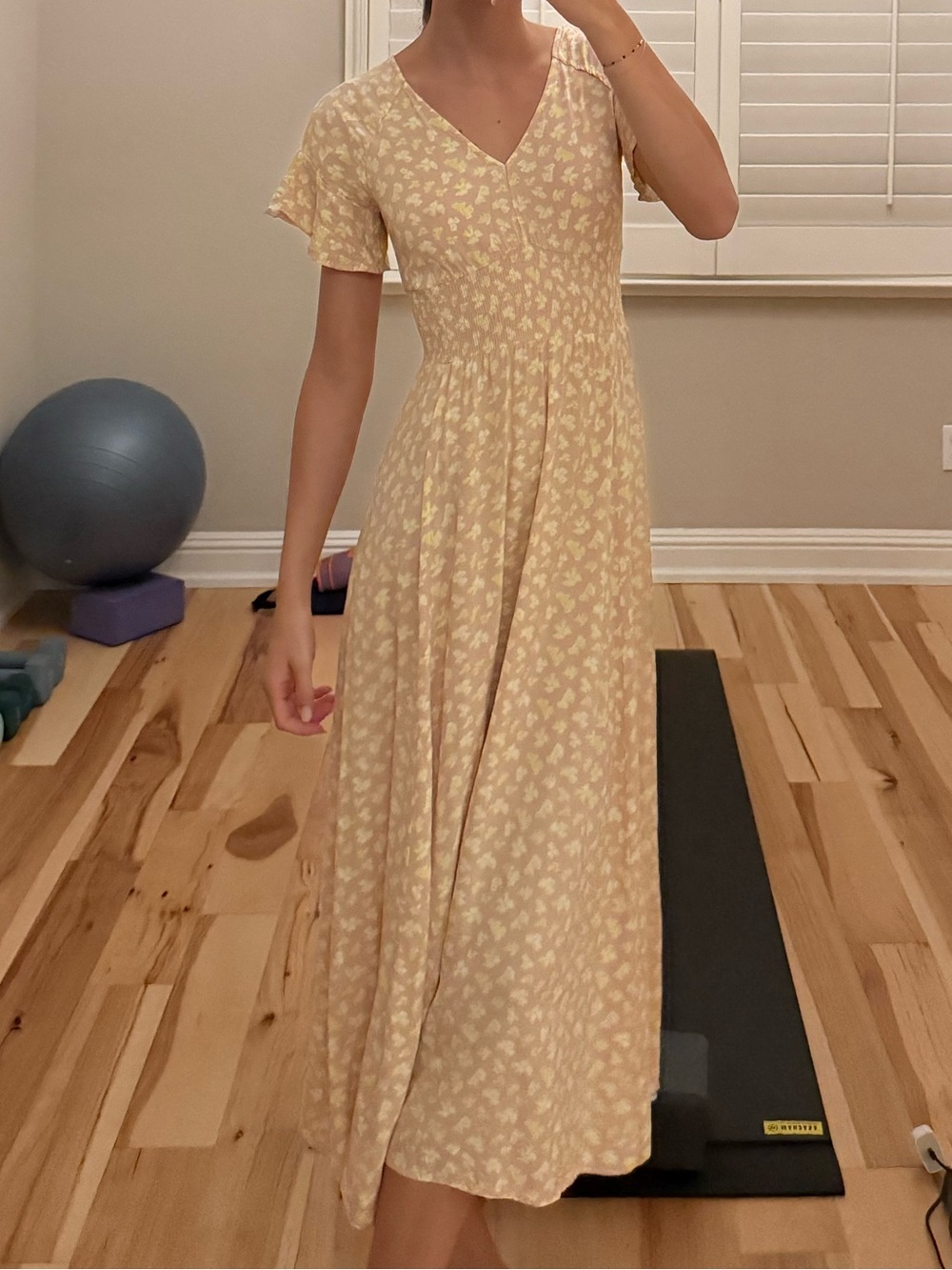 Lascana Light Yellow Floral V-Neck Midi Dress